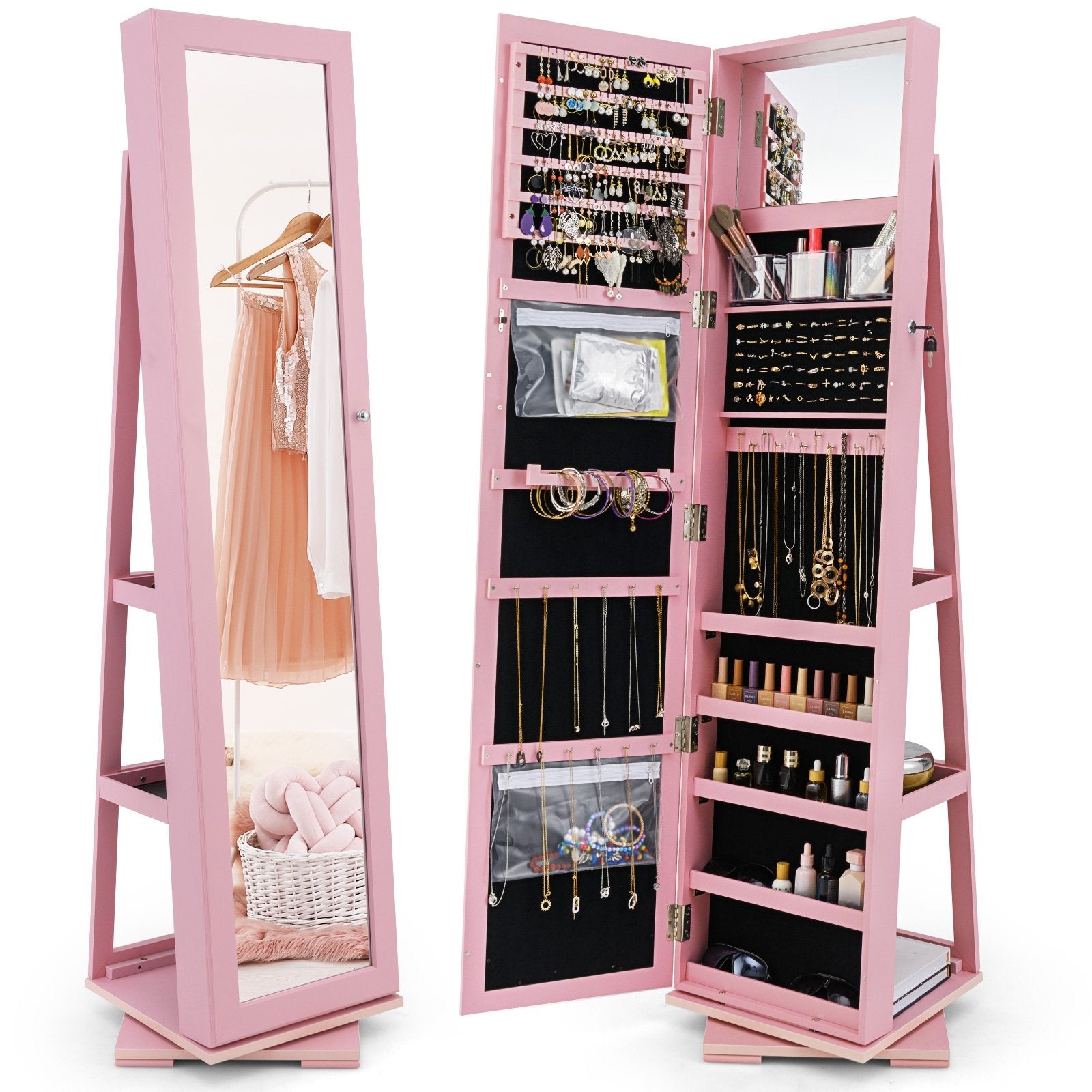 360° Rotatable 2-in-1 Lockable Jewelry Cabinet with Full-Length Mirror, Pink Jewelry Armoires Pink at Gallery Canada