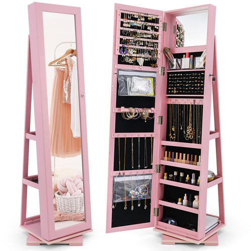 360° Rotatable 2-in-1 Lockable Jewelry Cabinet with Full-Length Mirror, Pink