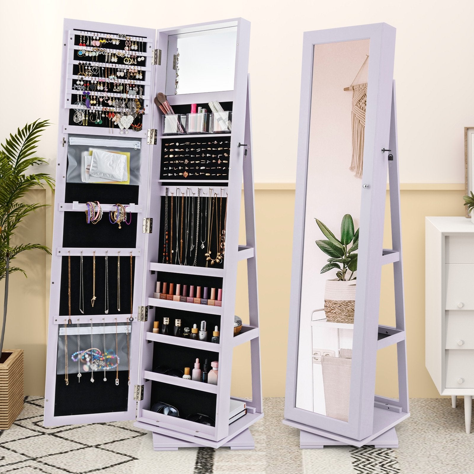 360° Rotatable 2-in-1 Lockable Jewelry Cabinet with Full-Length Mirror, Purple Jewelry Armoires at Gallery Canada