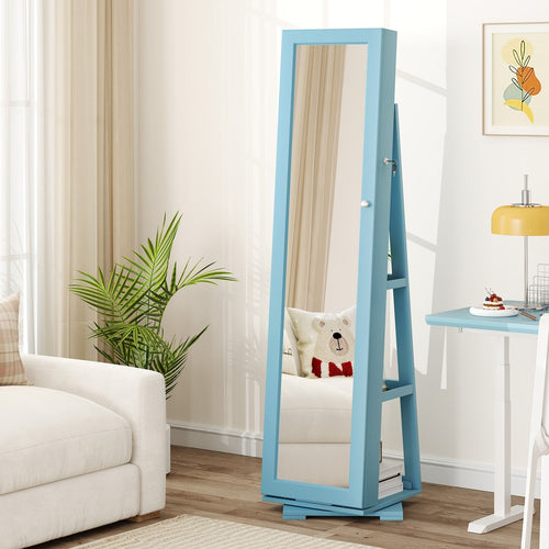 360° Rotatable 2-in-1 Lockable Jewelry Cabinet with Full-Length Mirror, Blue