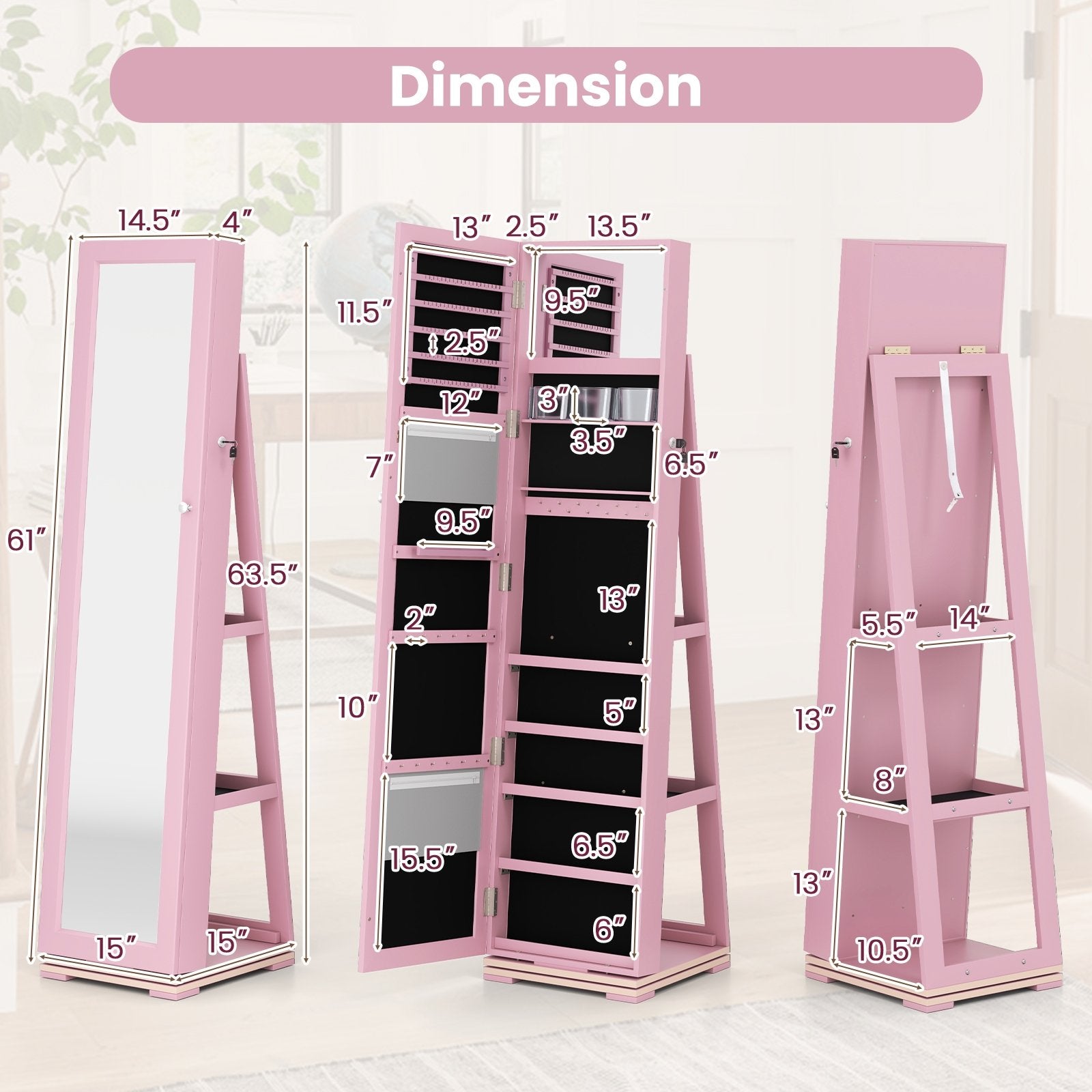 360° Rotatable 2-in-1 Lockable Jewelry Cabinet with Full-Length Mirror, Pink Jewelry Armoires at Gallery Canada