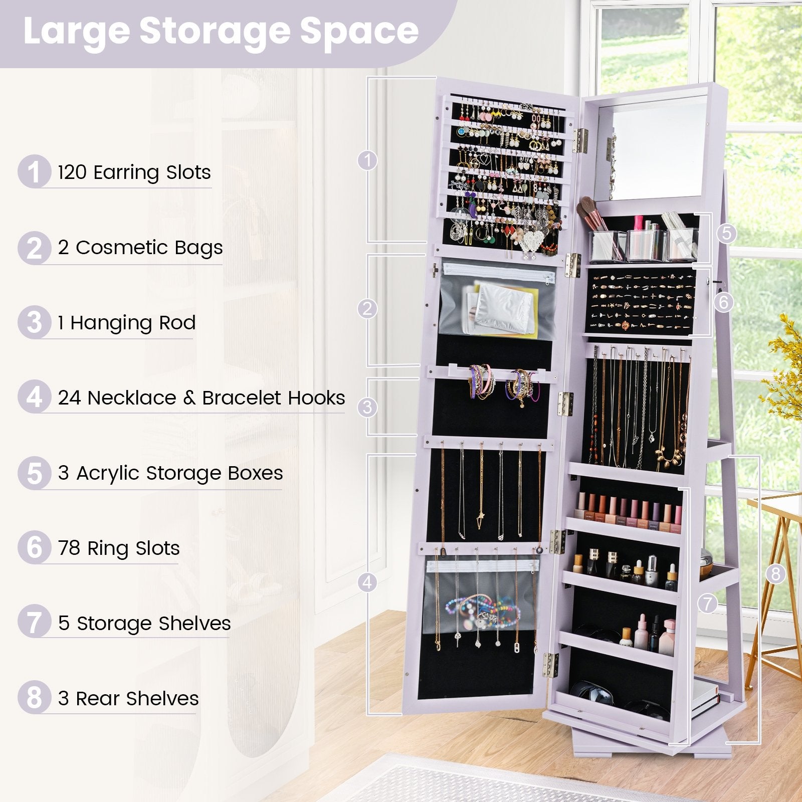 360° Rotatable 2-in-1 Lockable Jewelry Cabinet with Full-Length Mirror, Purple Jewelry Armoires at Gallery Canada