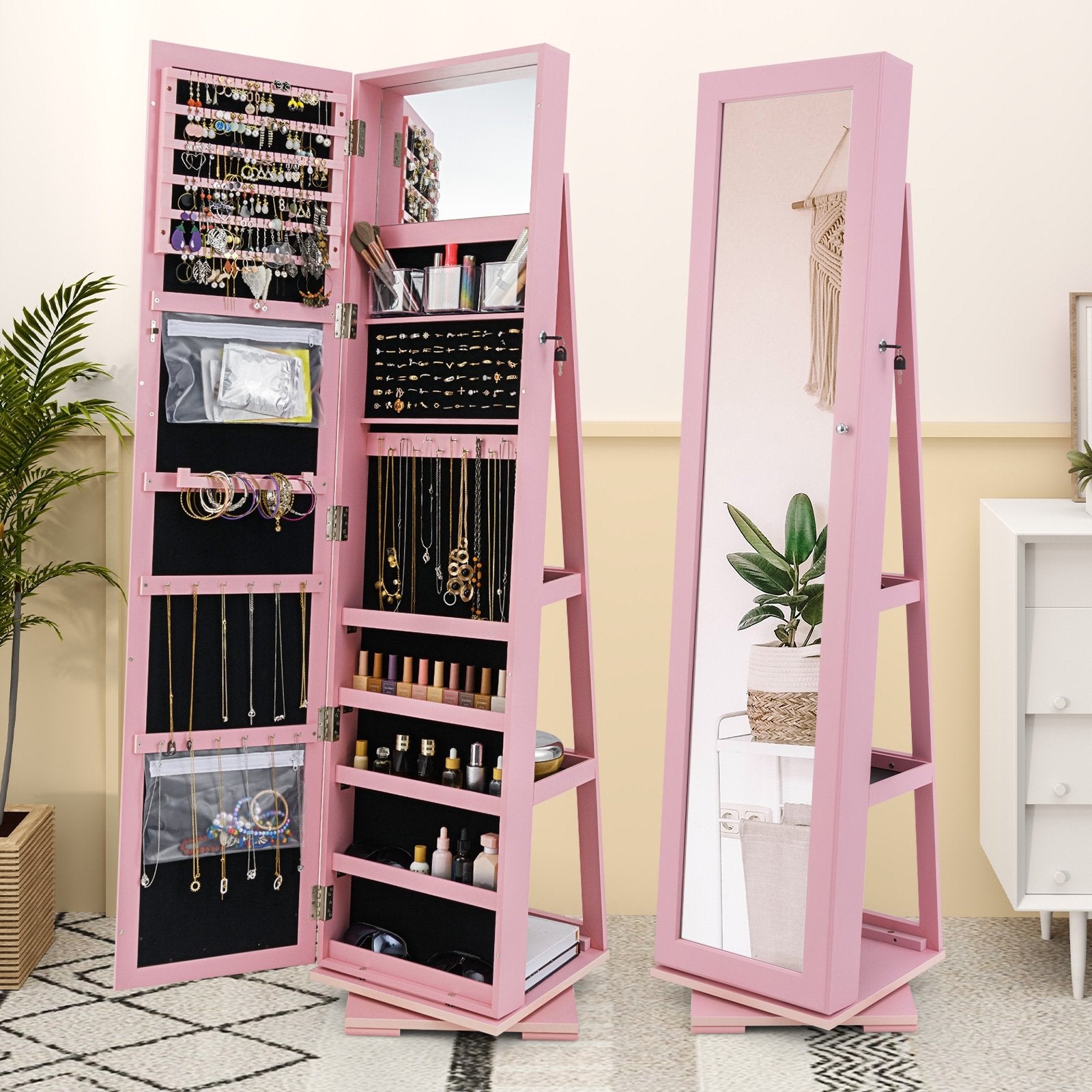 360° Rotatable 2-in-1 Lockable Jewelry Cabinet with Full-Length Mirror, Pink Jewelry Armoires at Gallery Canada