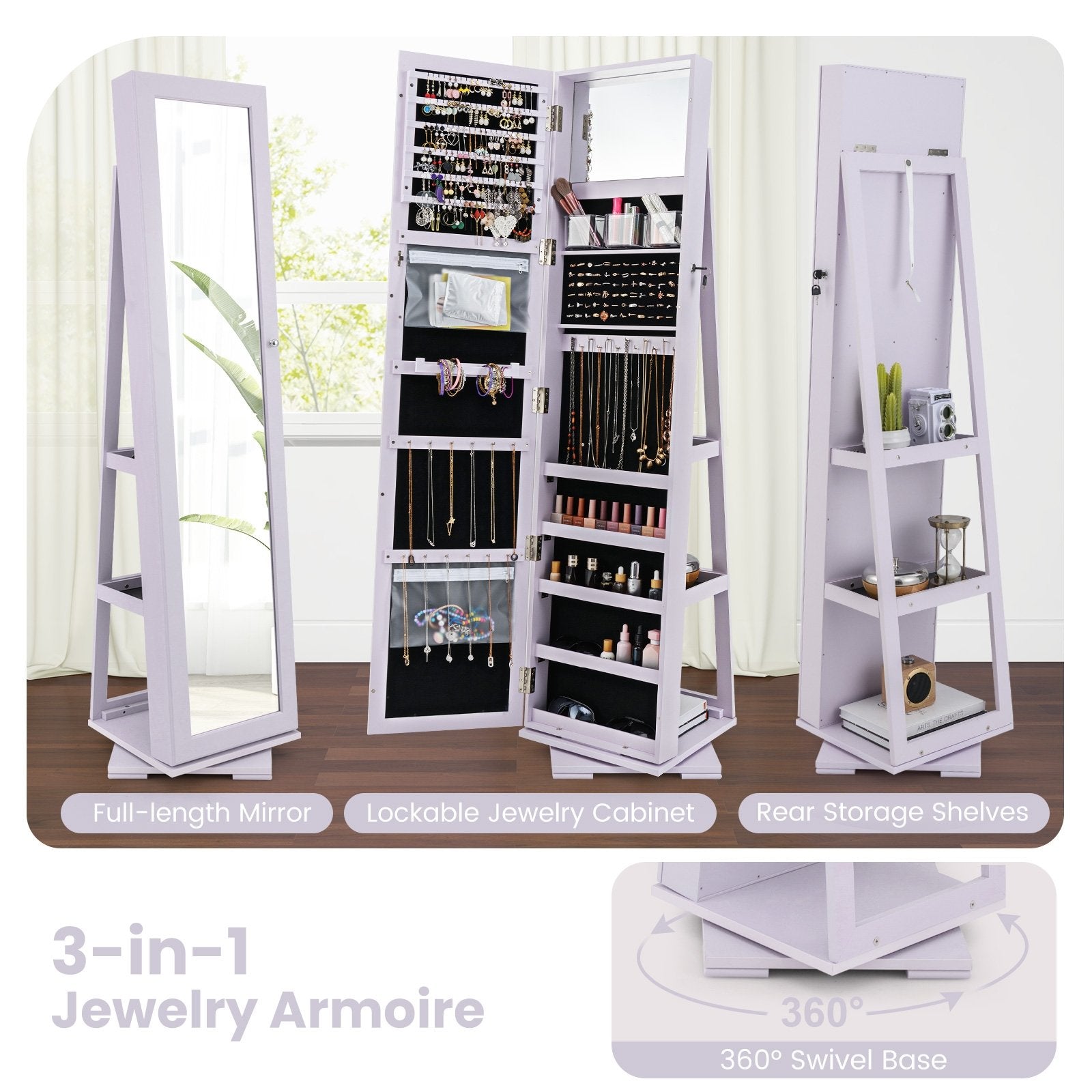 360° Rotatable 2-in-1 Lockable Jewelry Cabinet with Full-Length Mirror, Purple Jewelry Armoires at Gallery Canada