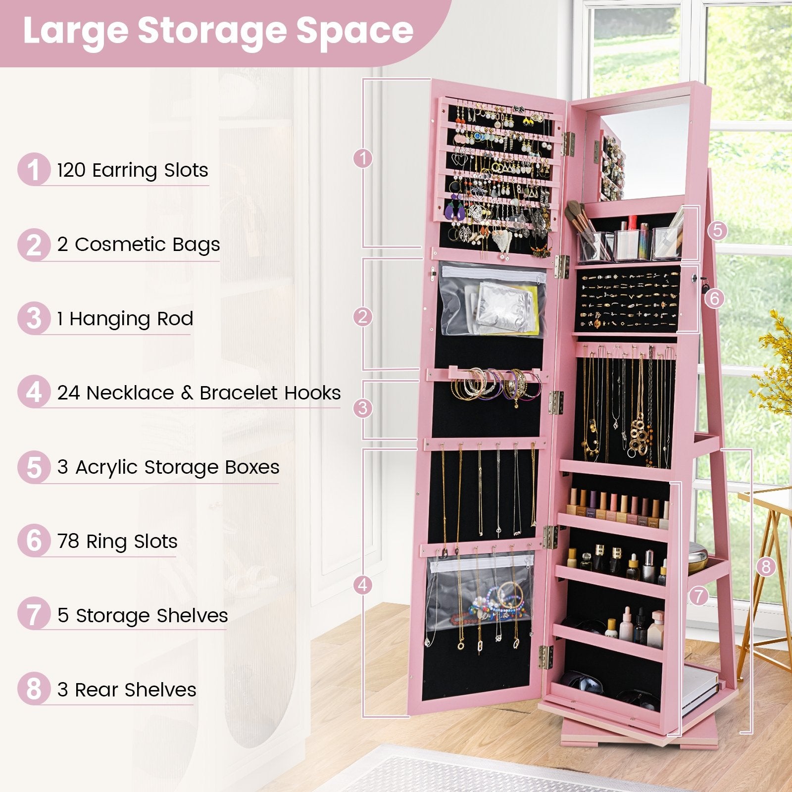 360° Rotatable 2-in-1 Lockable Jewelry Cabinet with Full-Length Mirror, Pink Jewelry Armoires at Gallery Canada