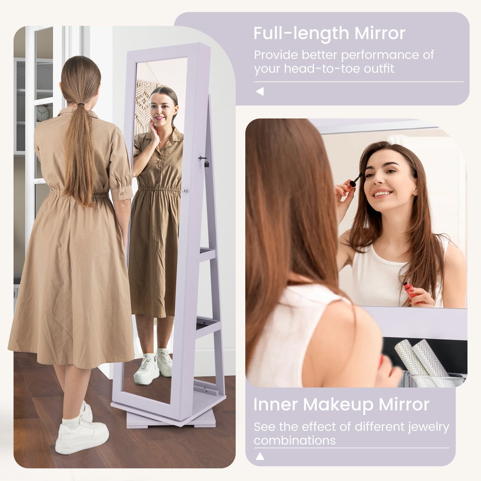 360° Rotatable 2-in-1 Lockable Jewelry Cabinet with Full-Length Mirror, Purple Jewelry Armoires at Gallery Canada
