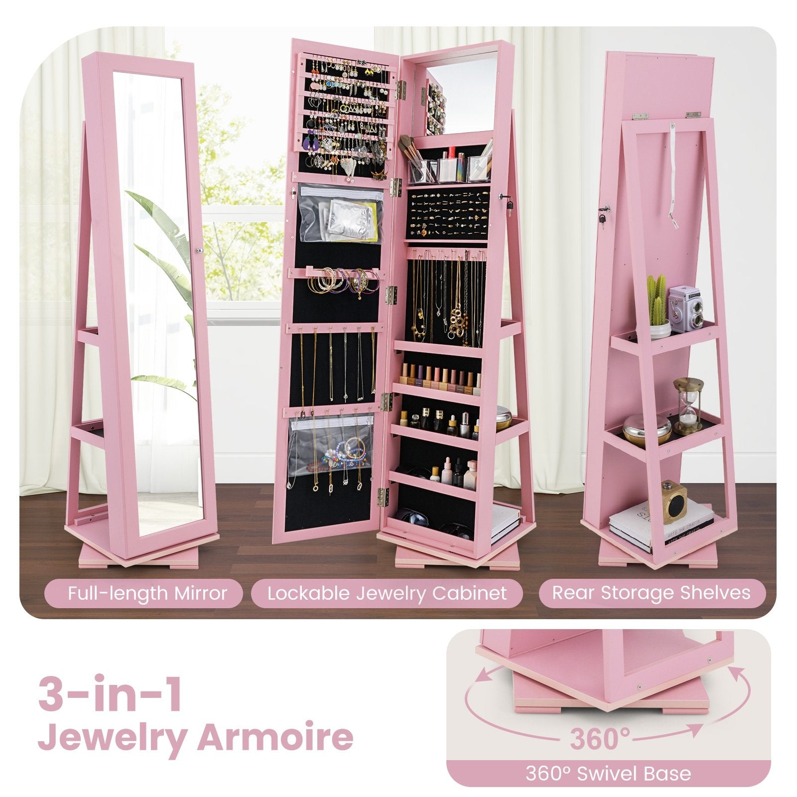360° Rotatable 2-in-1 Lockable Jewelry Cabinet with Full-Length Mirror, Pink Jewelry Armoires at Gallery Canada