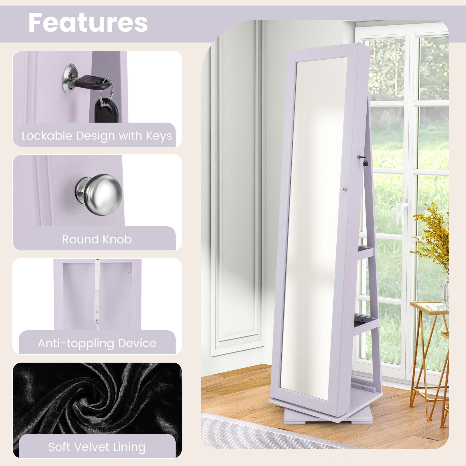 360° Rotatable 2-in-1 Lockable Jewelry Cabinet with Full-Length Mirror, Purple Jewelry Armoires at Gallery Canada