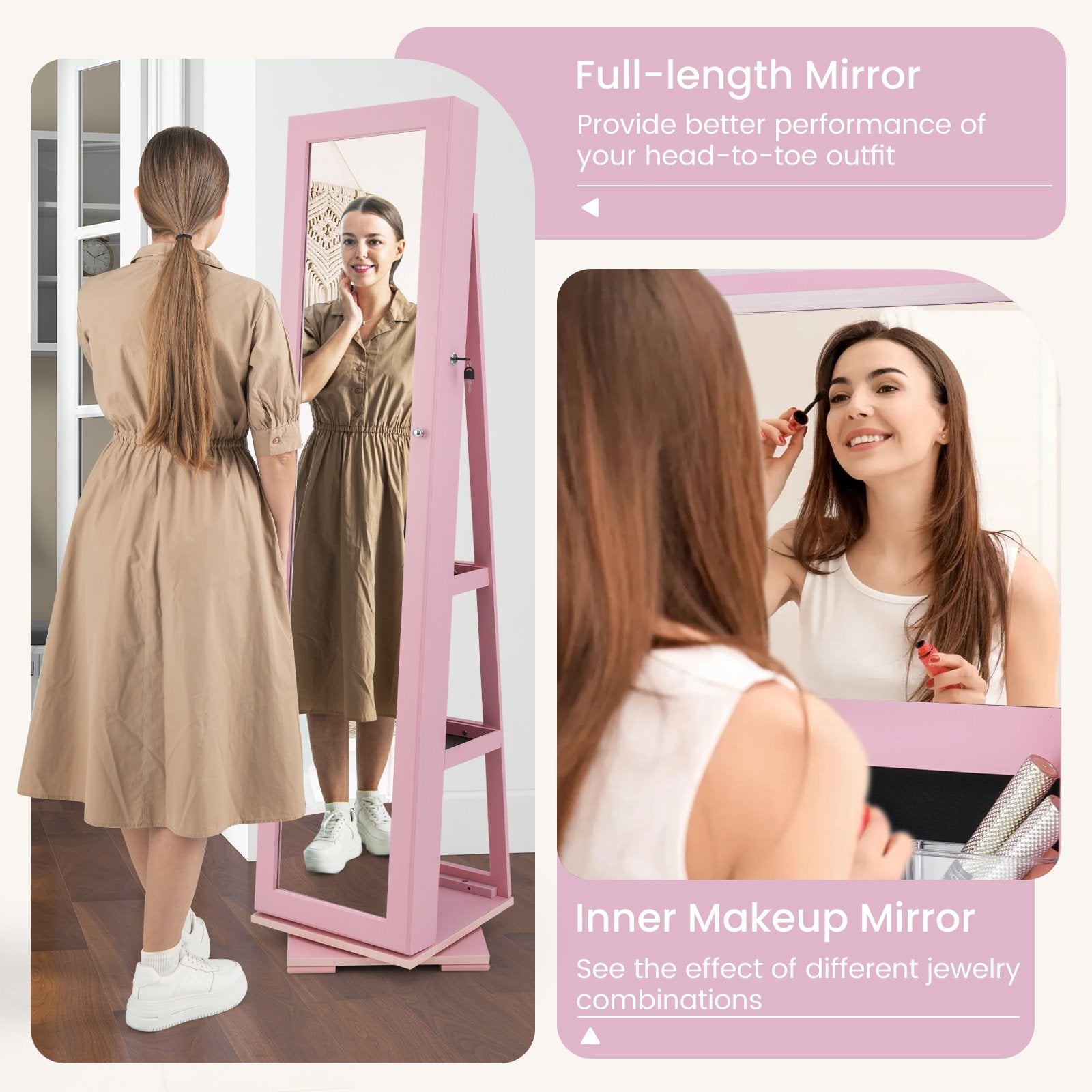 360° Rotatable 2-in-1 Lockable Jewelry Cabinet with Full-Length Mirror, Pink Jewelry Armoires at Gallery Canada