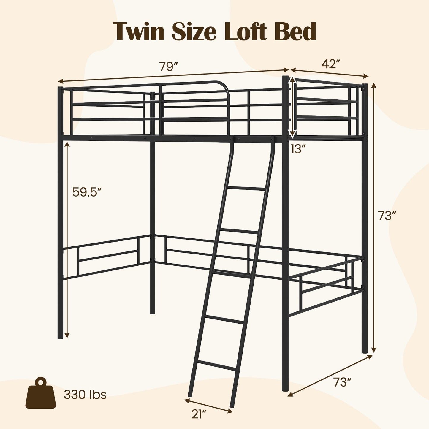 Twin Metal Loft Bed Frame with Ladder and Metal Slats Support, Black Beds & Bed Frames   at Gallery Canada