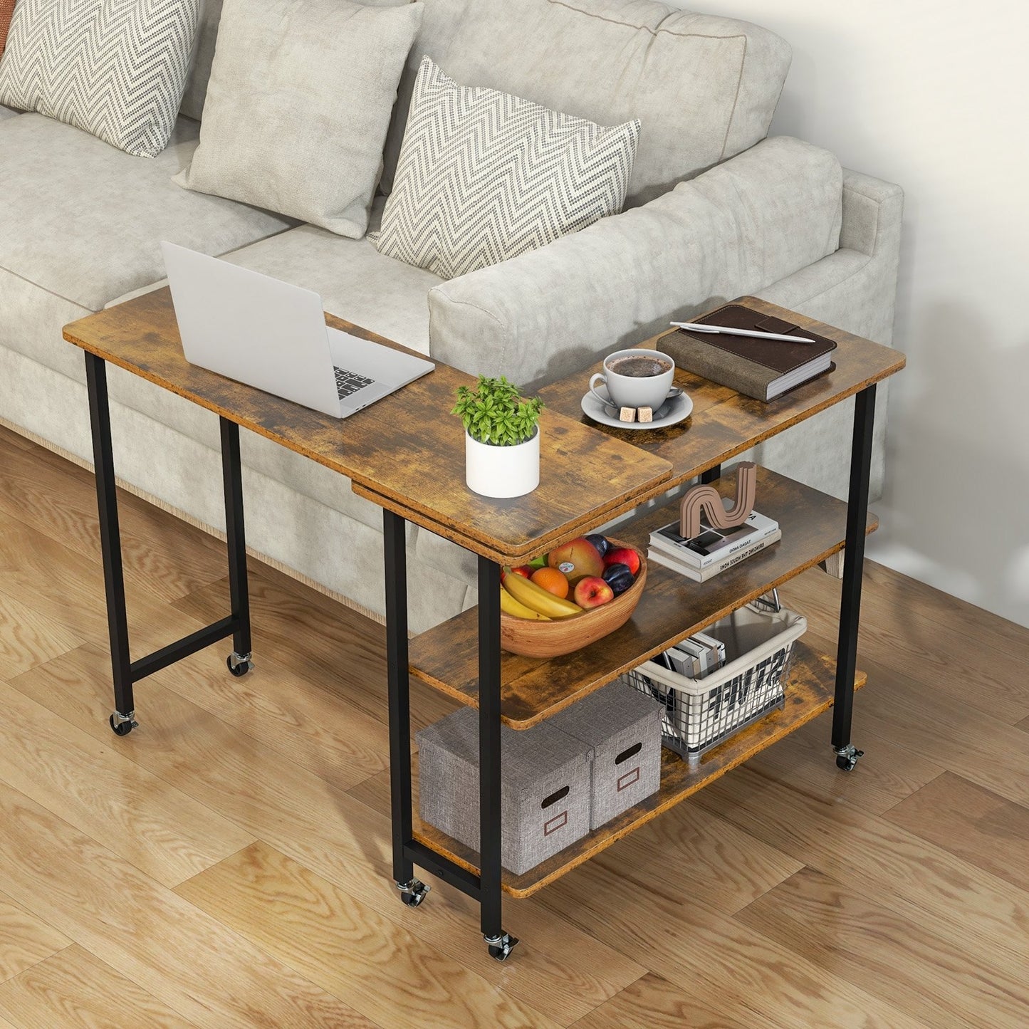 360° Rotating Sofa Side Table with 2-Tier Storage Shelves, Brown L-Shaped Desks   at Gallery Canada