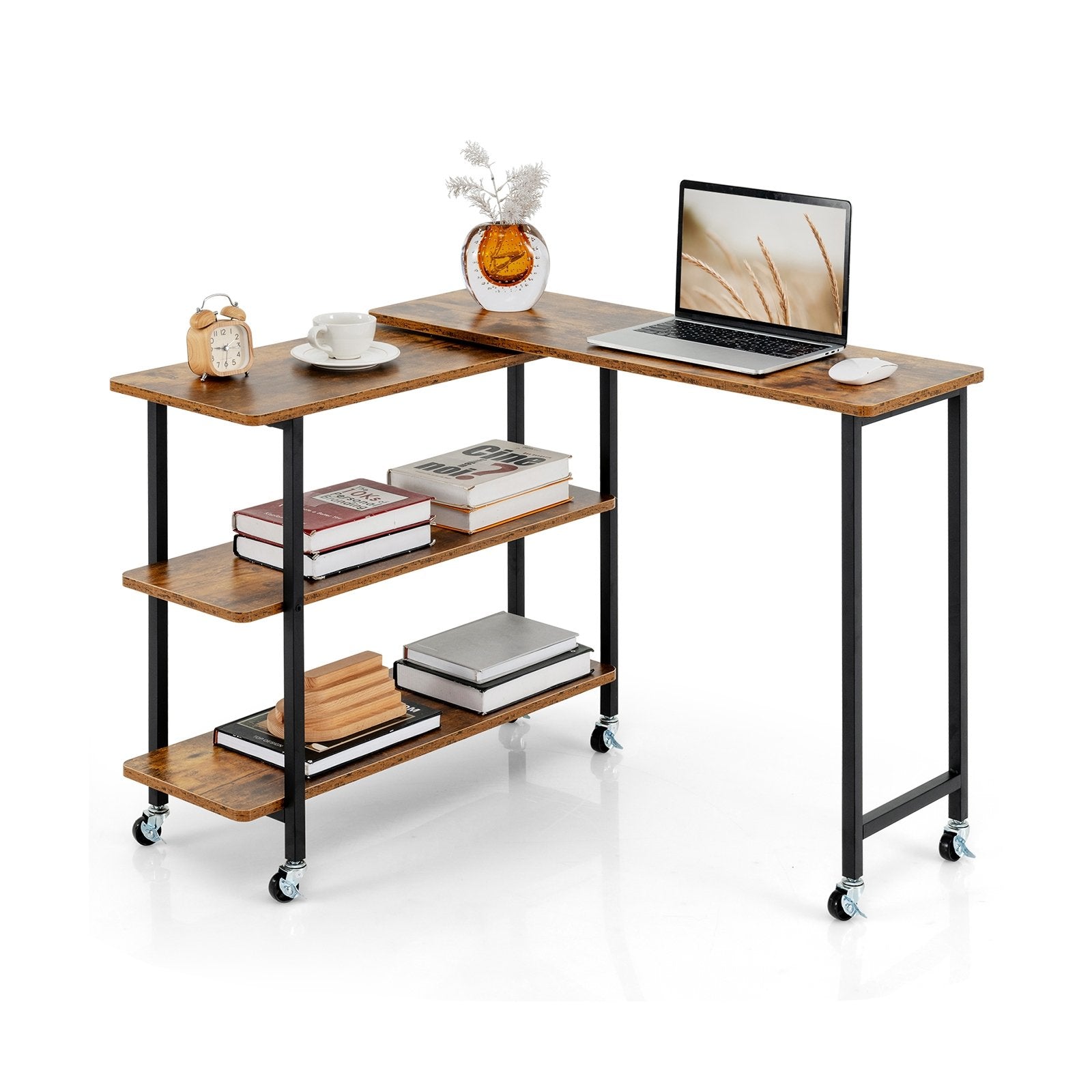 360° Rotating Sofa Side Table with 2-Tier Storage Shelves, Brown L-Shaped Desks Brown at Gallery Canada