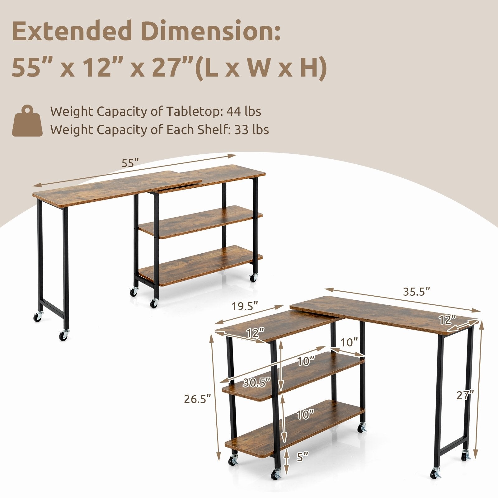 360° Rotating Sofa Side Table with 2-Tier Storage Shelves, Brown L-Shaped Desks   at Gallery Canada