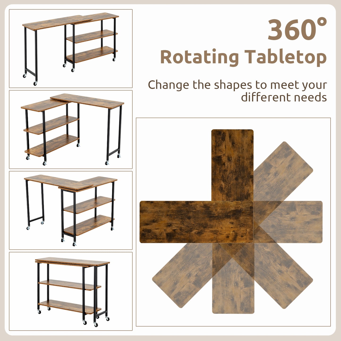 360° Rotating Sofa Side Table with 2-Tier Storage Shelves, Brown L-Shaped Desks   at Gallery Canada