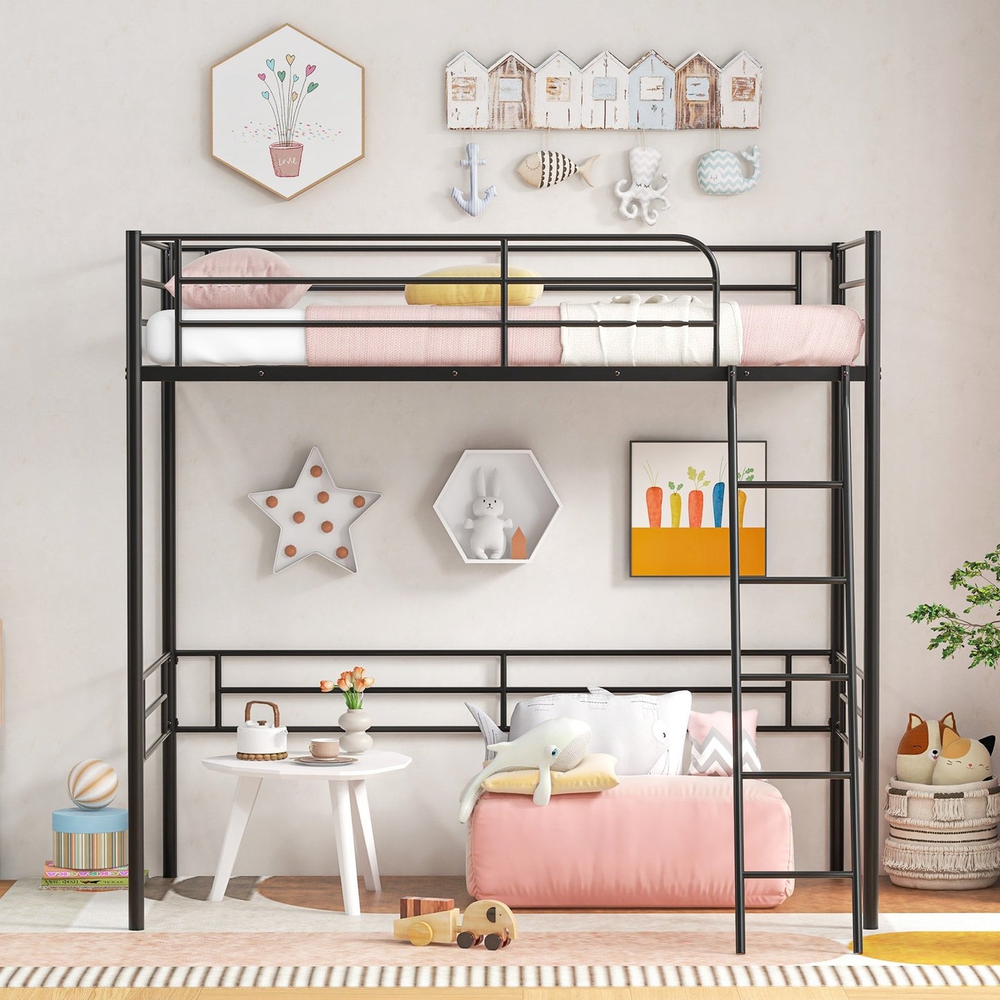 Twin Metal Loft Bed Frame with Ladder and Metal Slats Support, Black Beds & Bed Frames   at Gallery Canada