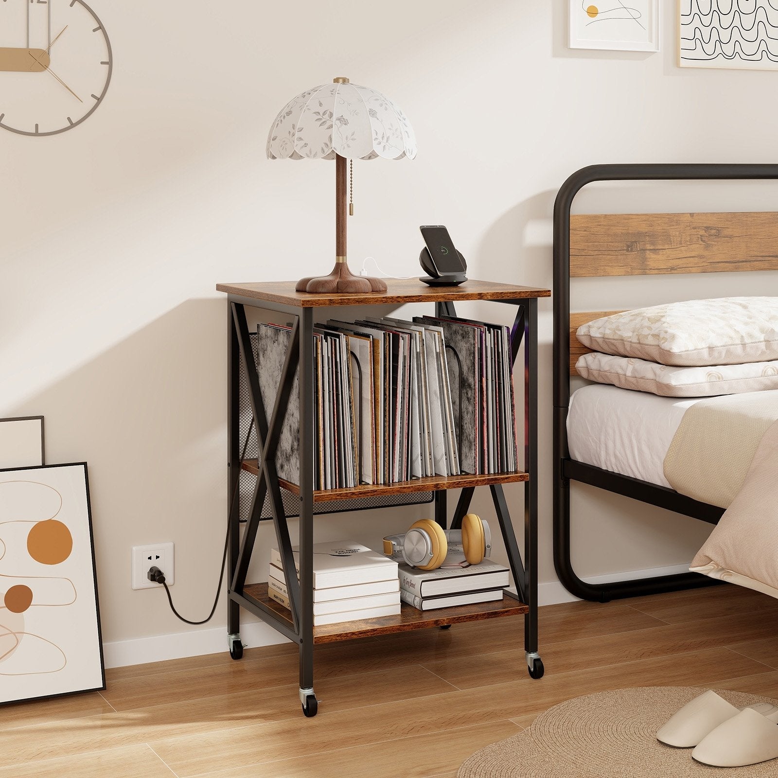 Mid-Century Record Player Stand with Built-in Charging Station, Rustic Brown End & Side Tables   at Gallery Canada