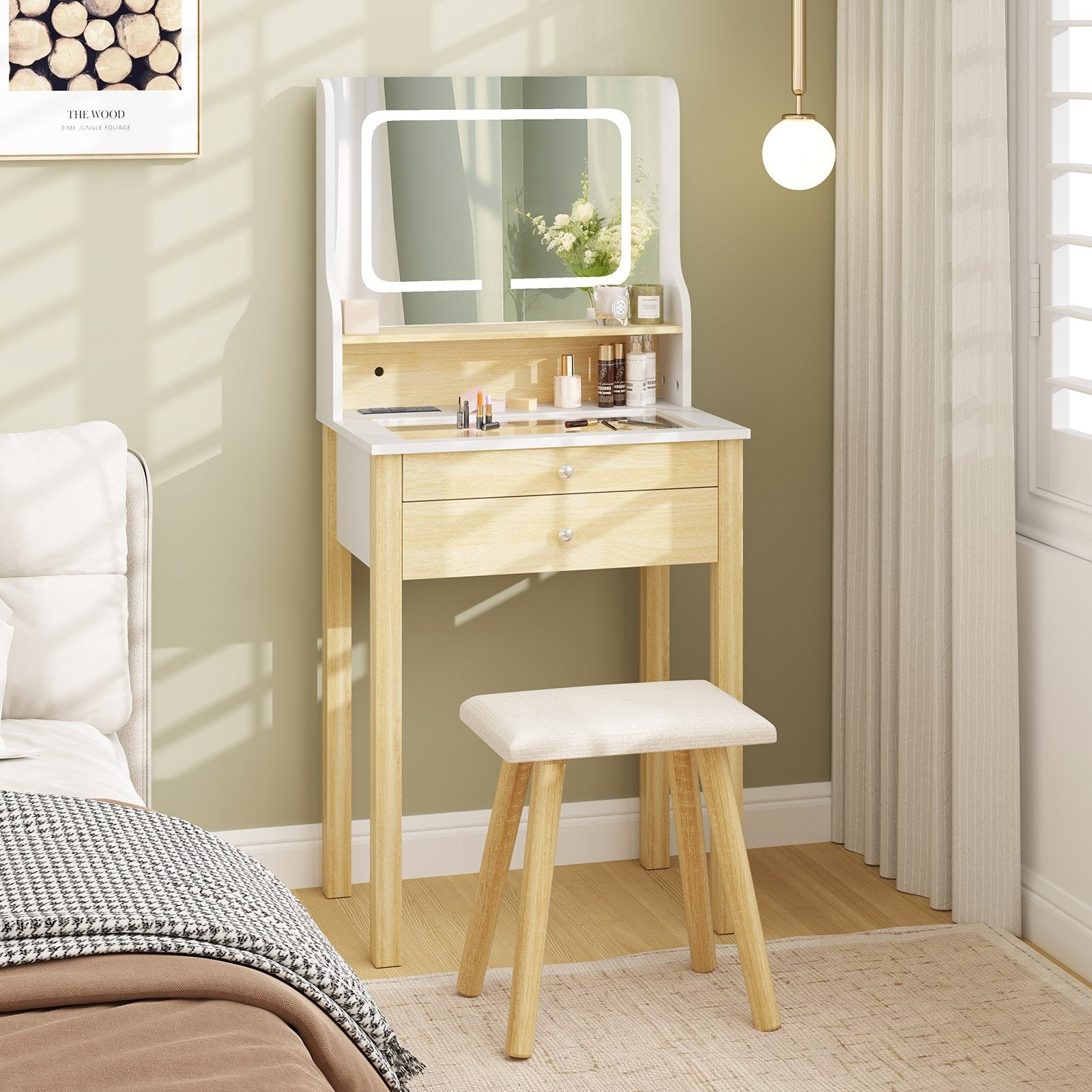 Small Vanity Desk Set with Adjustable LED Lighted Mirror and Power Outlets, White Makeup Vanities at Gallery Canada