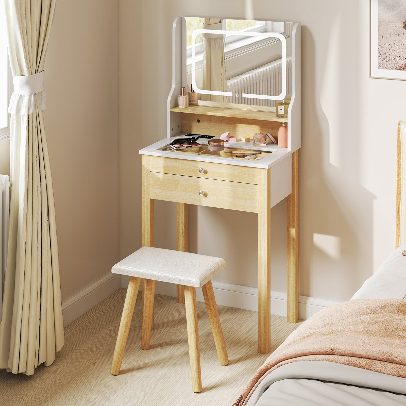 Small Vanity Desk Set with Adjustable LED Lighted Mirror and Power Outlets, White Makeup Vanities at Gallery Canada