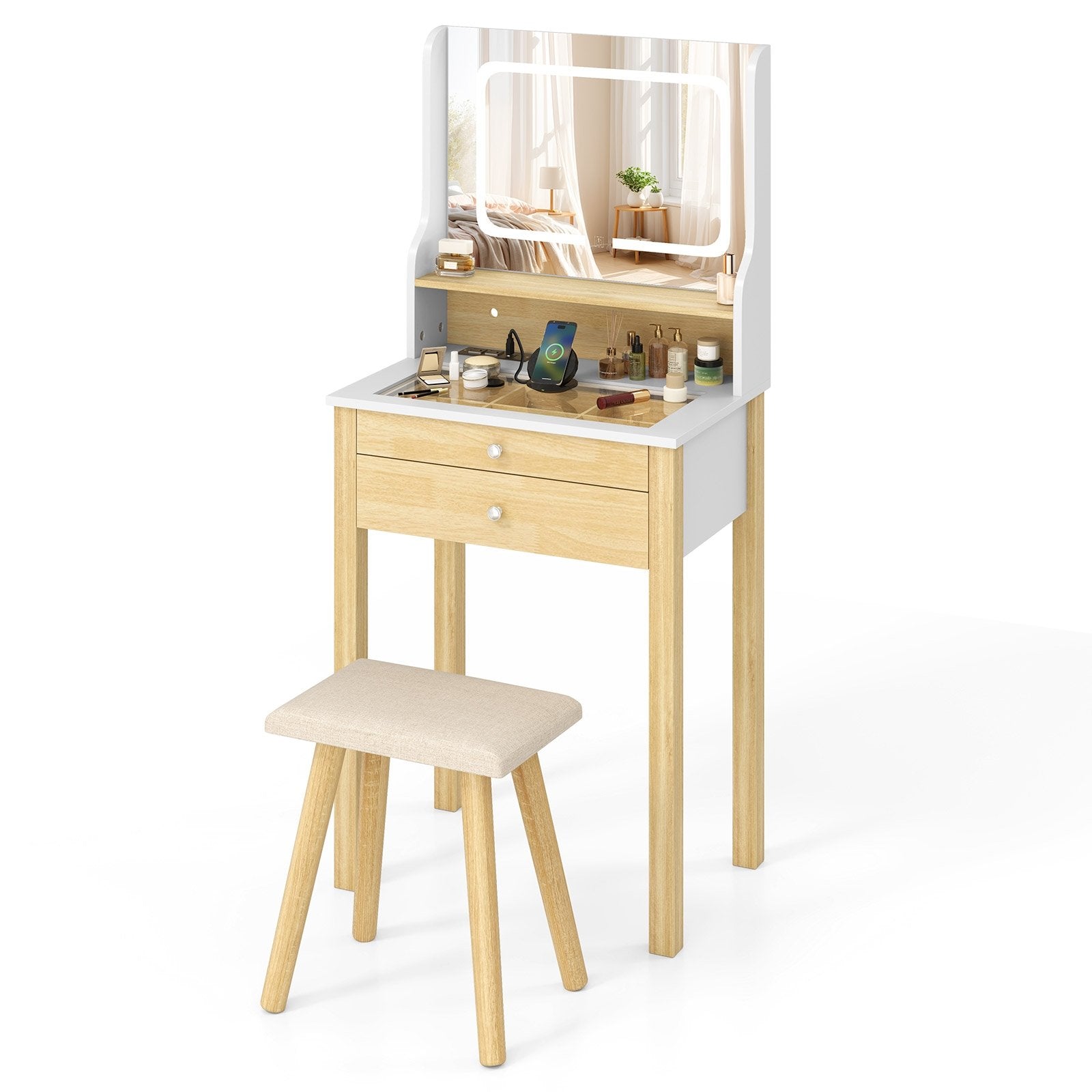 Small Vanity Desk Set with Adjustable LED Lighted Mirror and Power Outlets, White Makeup Vanities White at Gallery Canada
