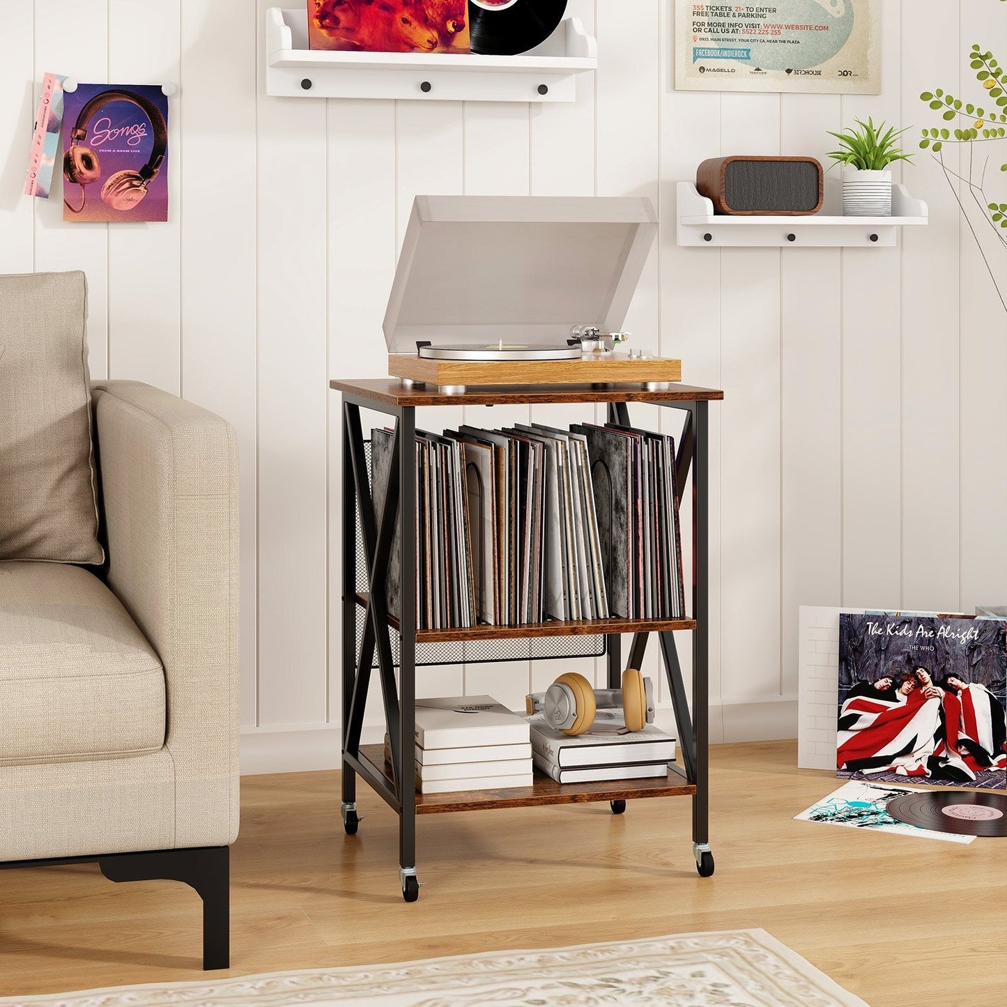 Mid-Century Record Player Stand with Built-in Charging Station, Rustic Brown End & Side Tables   at Gallery Canada