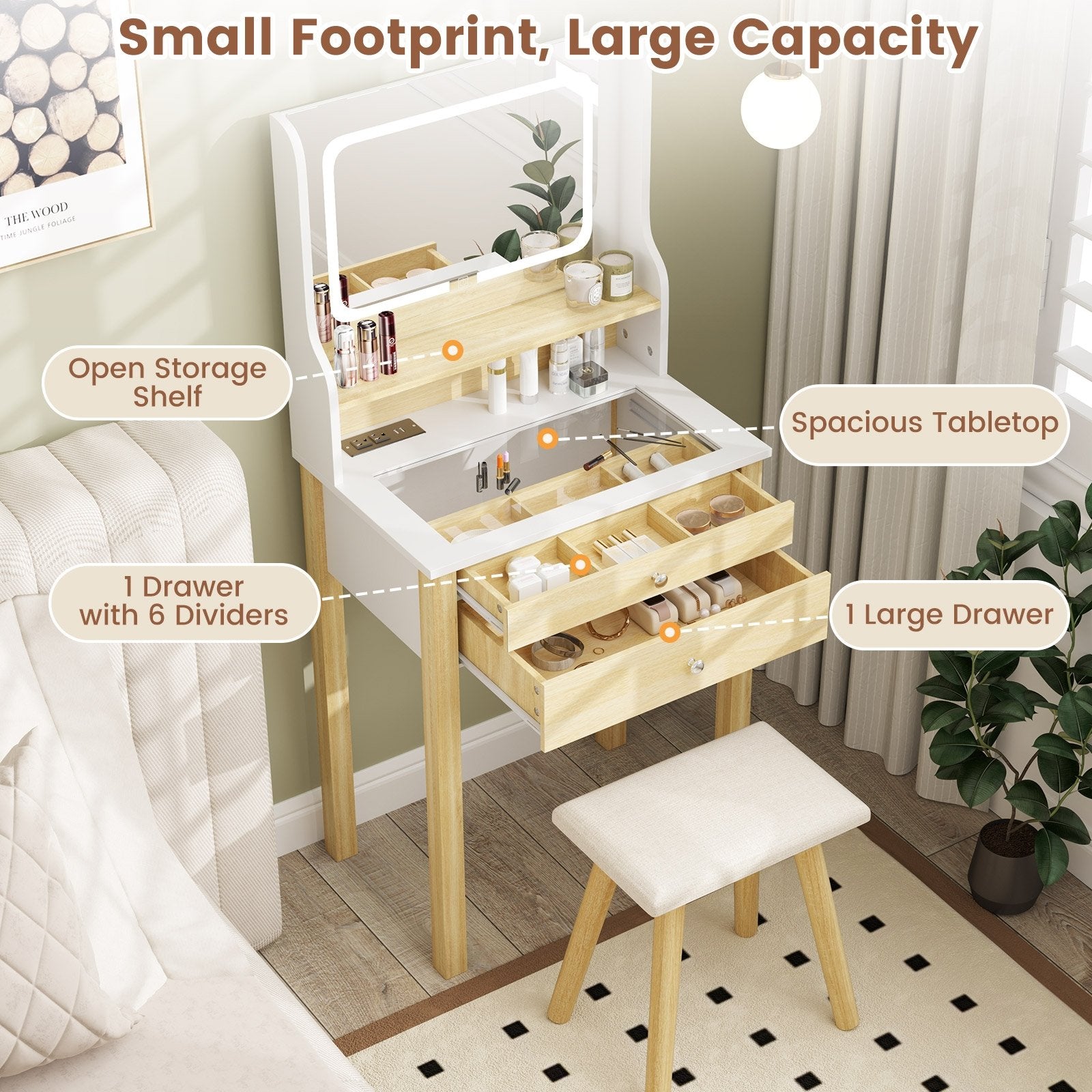 Small Vanity Desk Set with Adjustable LED Lighted Mirror and Power Outlets, White Makeup Vanities at Gallery Canada