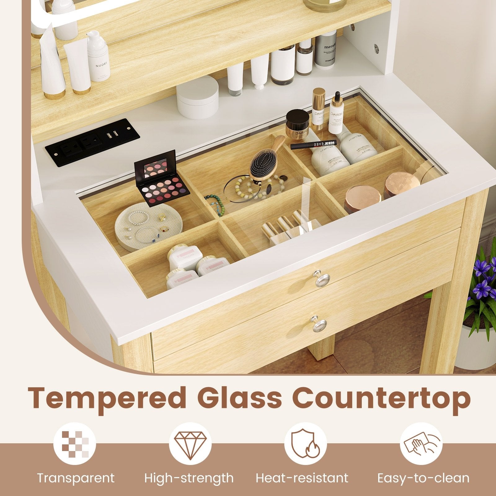 Small Vanity Desk Set with Adjustable LED Lighted Mirror and Power Outlets, White Makeup Vanities at Gallery Canada