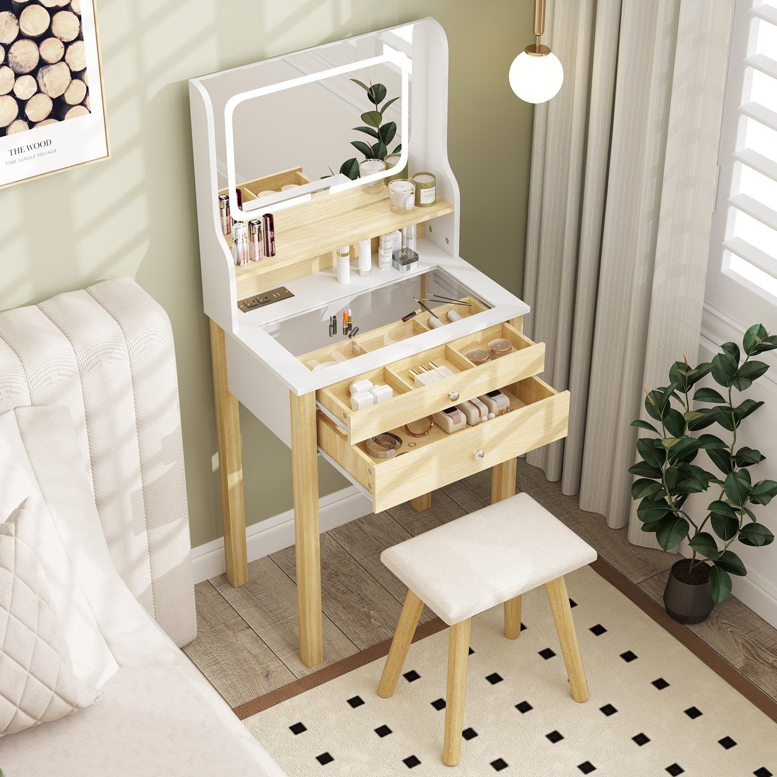 Small Vanity Desk Set with Adjustable LED Lighted Mirror and Power Outlets, White Makeup Vanities at Gallery Canada