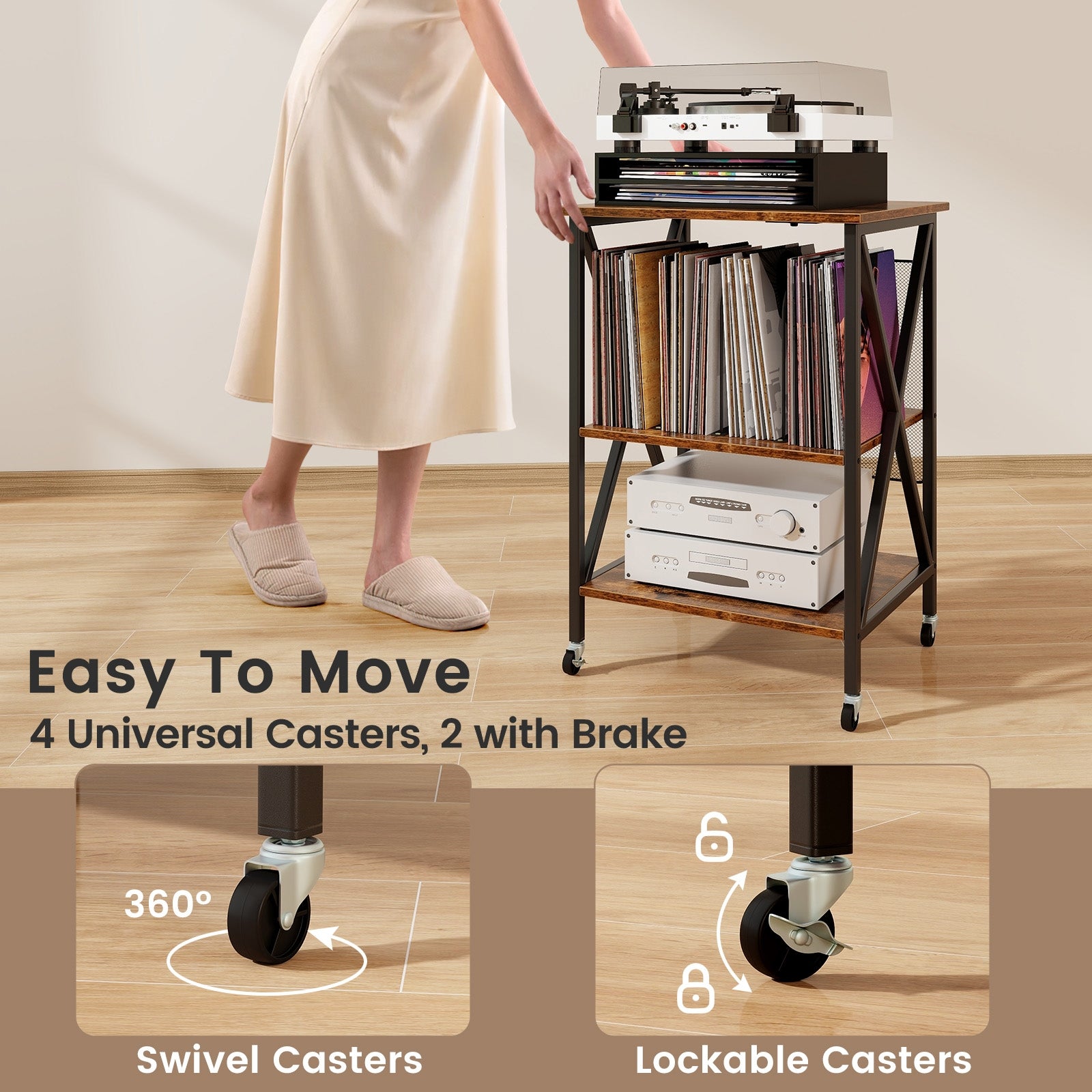 Mid-Century Record Player Stand with Built-in Charging Station, Rustic Brown End & Side Tables   at Gallery Canada