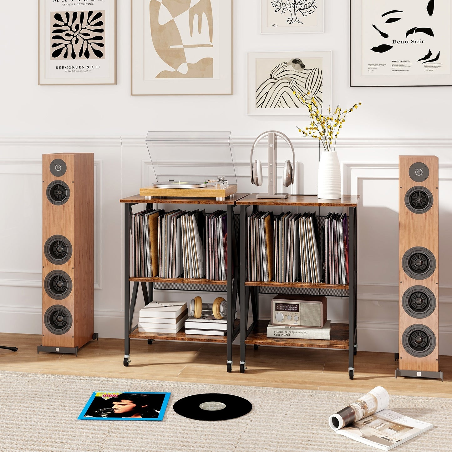 Mid-Century Record Player Stand with Built-in Charging Station, Rustic Brown End & Side Tables   at Gallery Canada