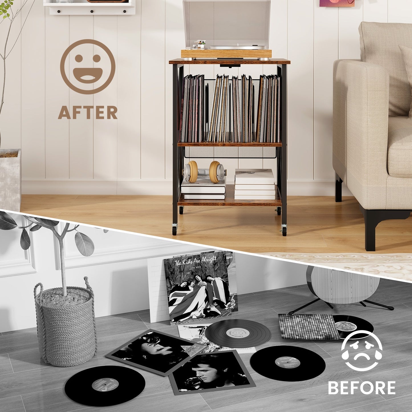 Mid-Century Record Player Stand with Built-in Charging Station, Rustic Brown End & Side Tables   at Gallery Canada