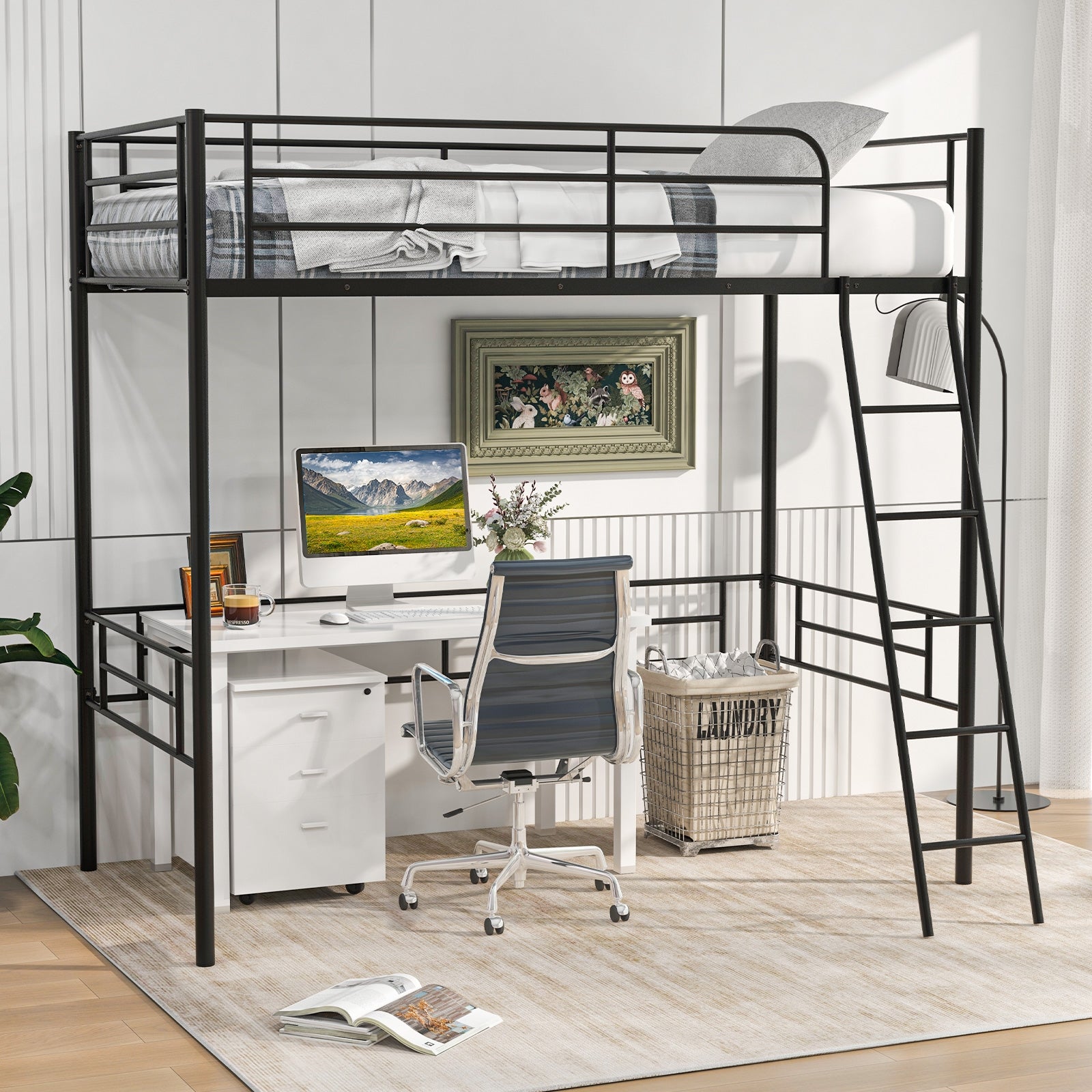 Twin Metal Loft Bed Frame with Ladder and Metal Slats Support, Black Beds & Bed Frames   at Gallery Canada