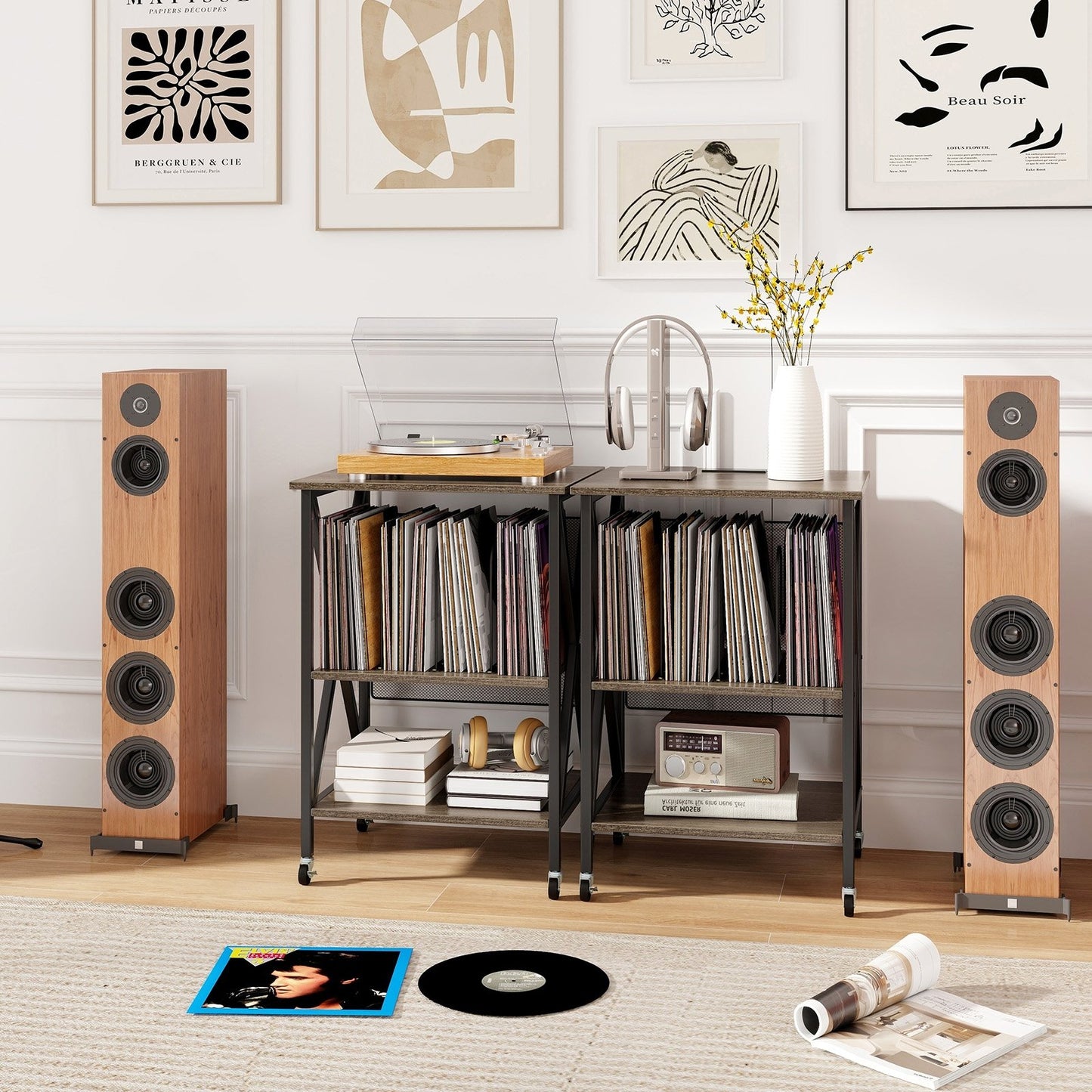 Mid-Century Record Player Stand with Built-in Charging Station, Gray End & Side Tables   at Gallery Canada