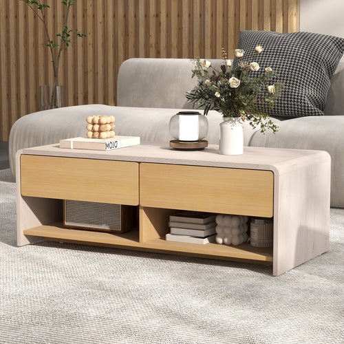 Home Coffee Table with 2 Drawers and 2 Storage Shelf-White & Natural, Natural & White