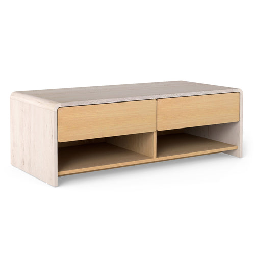 Home Coffee Table with 2 Drawers and 2 Storage Shelf-White & Natural, Natural & White