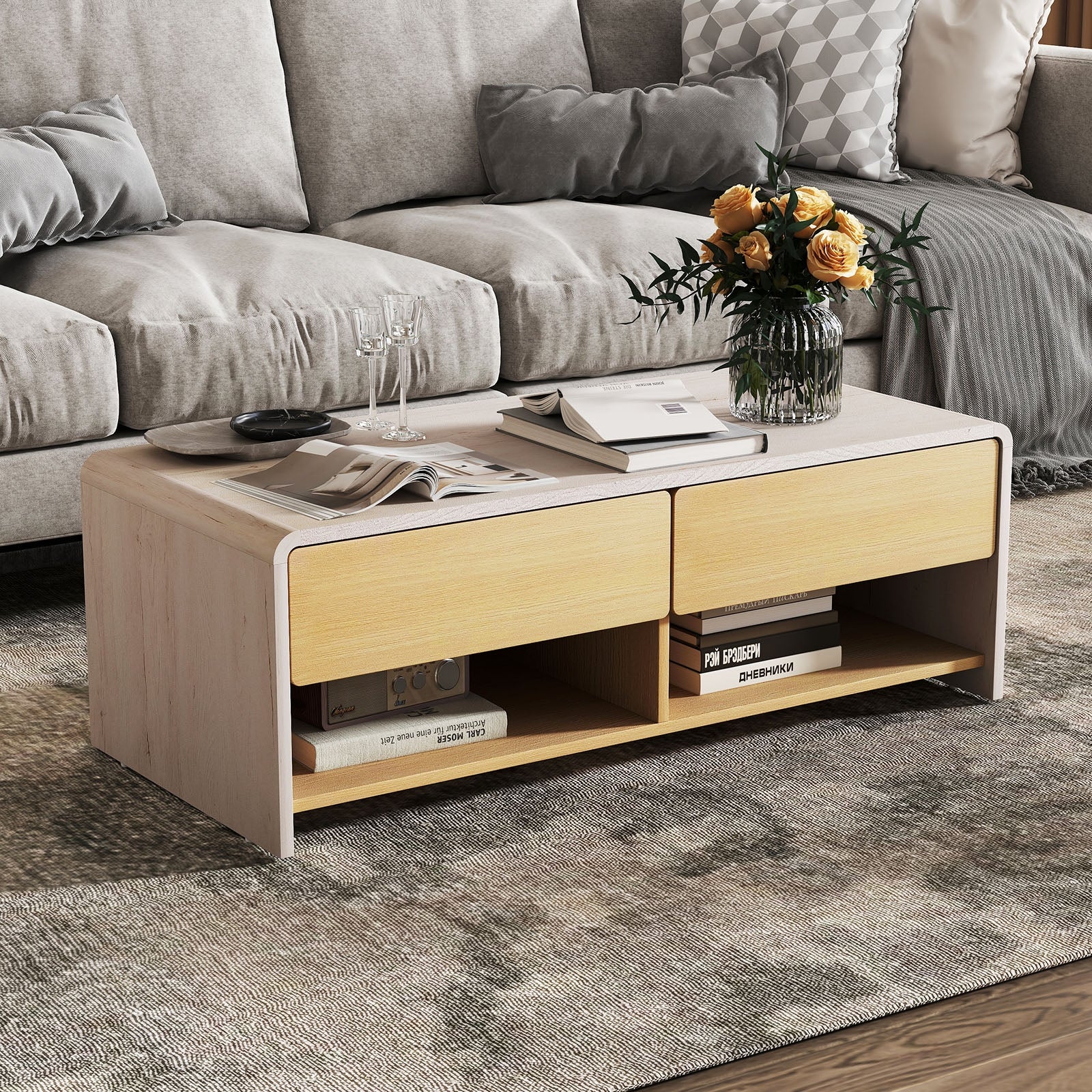 Home Coffee Table with 2 Drawers and 2 Storage Shelf-White & Natural, Natural & White Coffee Tables at Gallery Canada