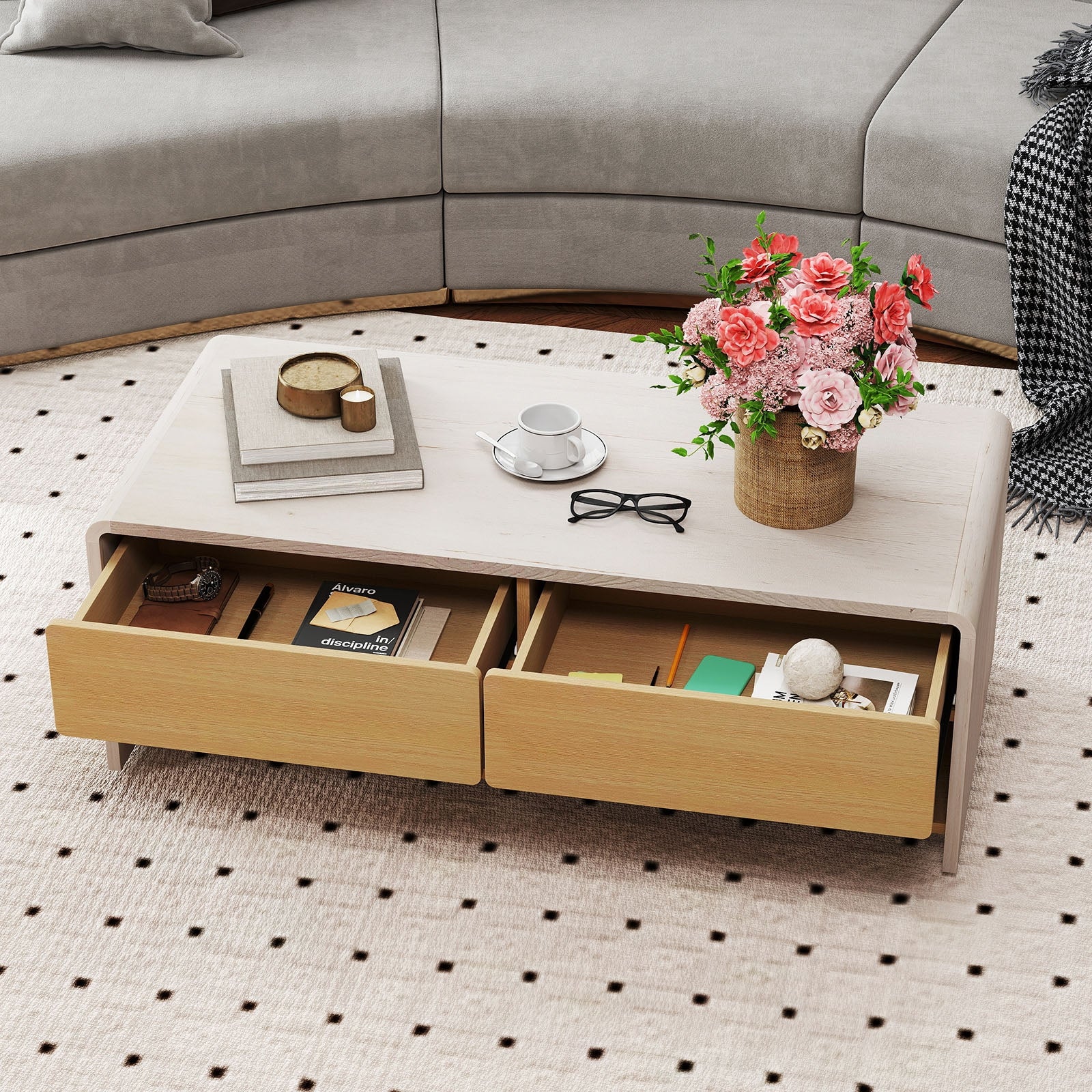 Home Coffee Table with 2 Drawers and 2 Storage Shelf-White & Natural, Natural & White Coffee Tables at Gallery Canada