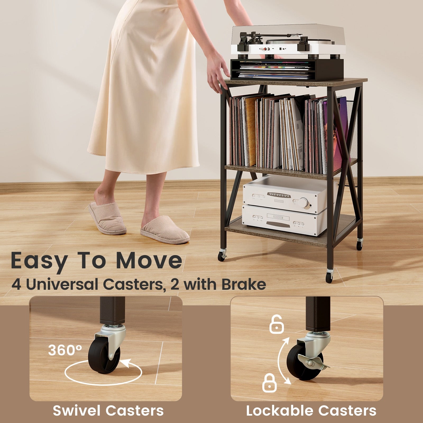 Mid-Century Record Player Stand with Built-in Charging Station, Gray End & Side Tables   at Gallery Canada