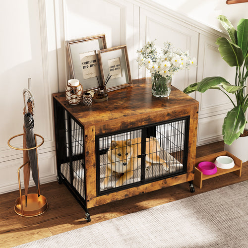 Industrial Dog Kennel with Flip-up Top 3 Lockable Doors and Removable Tray, Rustic Brown