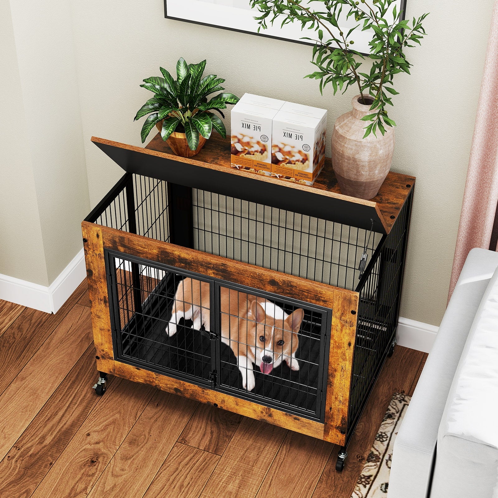 Industrial Dog Kennel with Flip-up Top 3 Lockable Doors and Removable Tray, Rustic Brown Dog Kennels at Gallery Canada