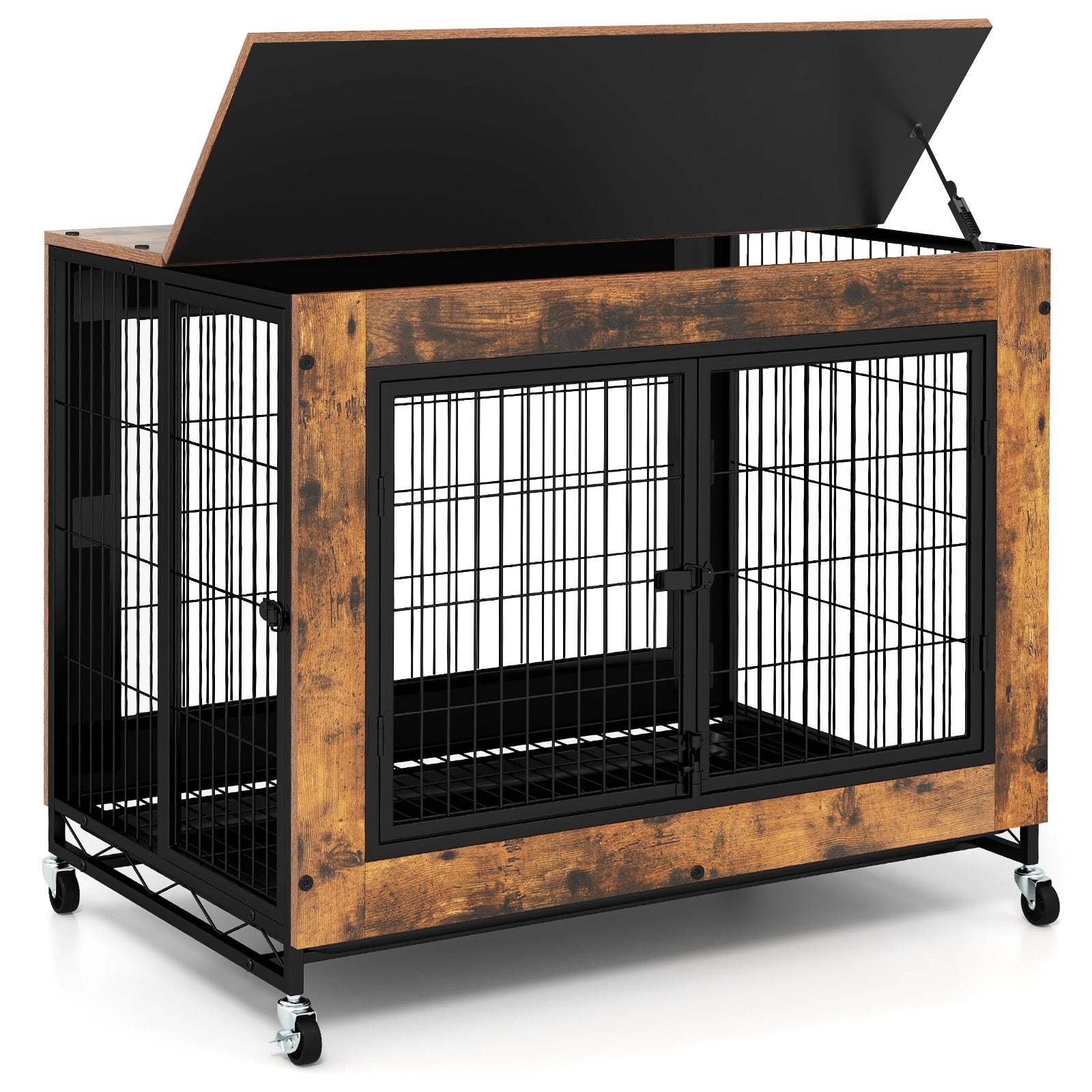 Industrial Dog Kennel with Flip-up Top 3 Lockable Doors and Removable Tray, Rustic Brown Dog Kennels Rustic Brown at Gallery Canada