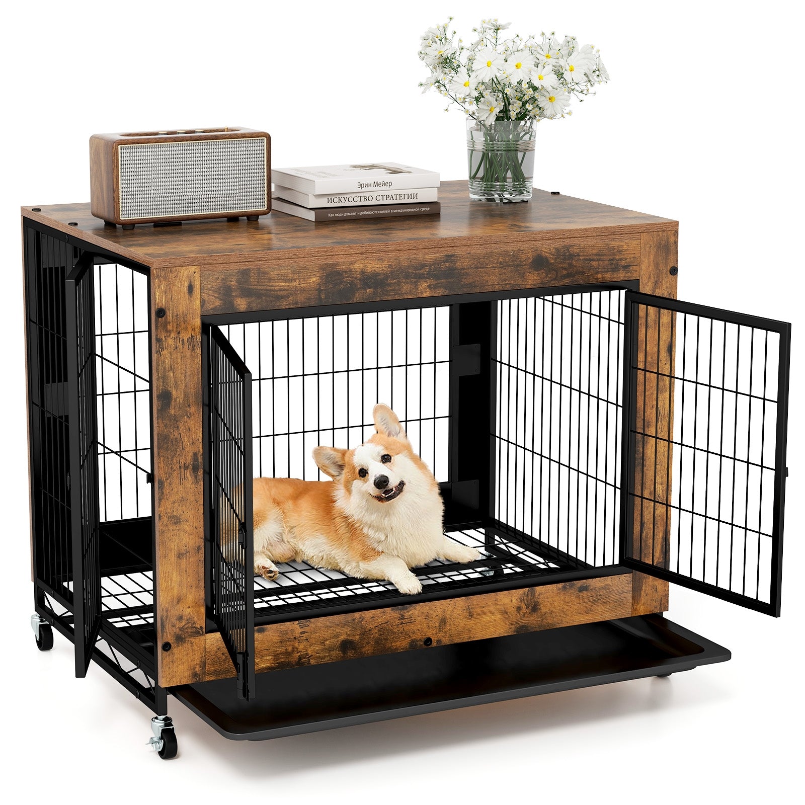 Industrial Dog Kennel with Flip-up Top 3 Lockable Doors and Removable Tray, Rustic Brown Dog Kennels at Gallery Canada