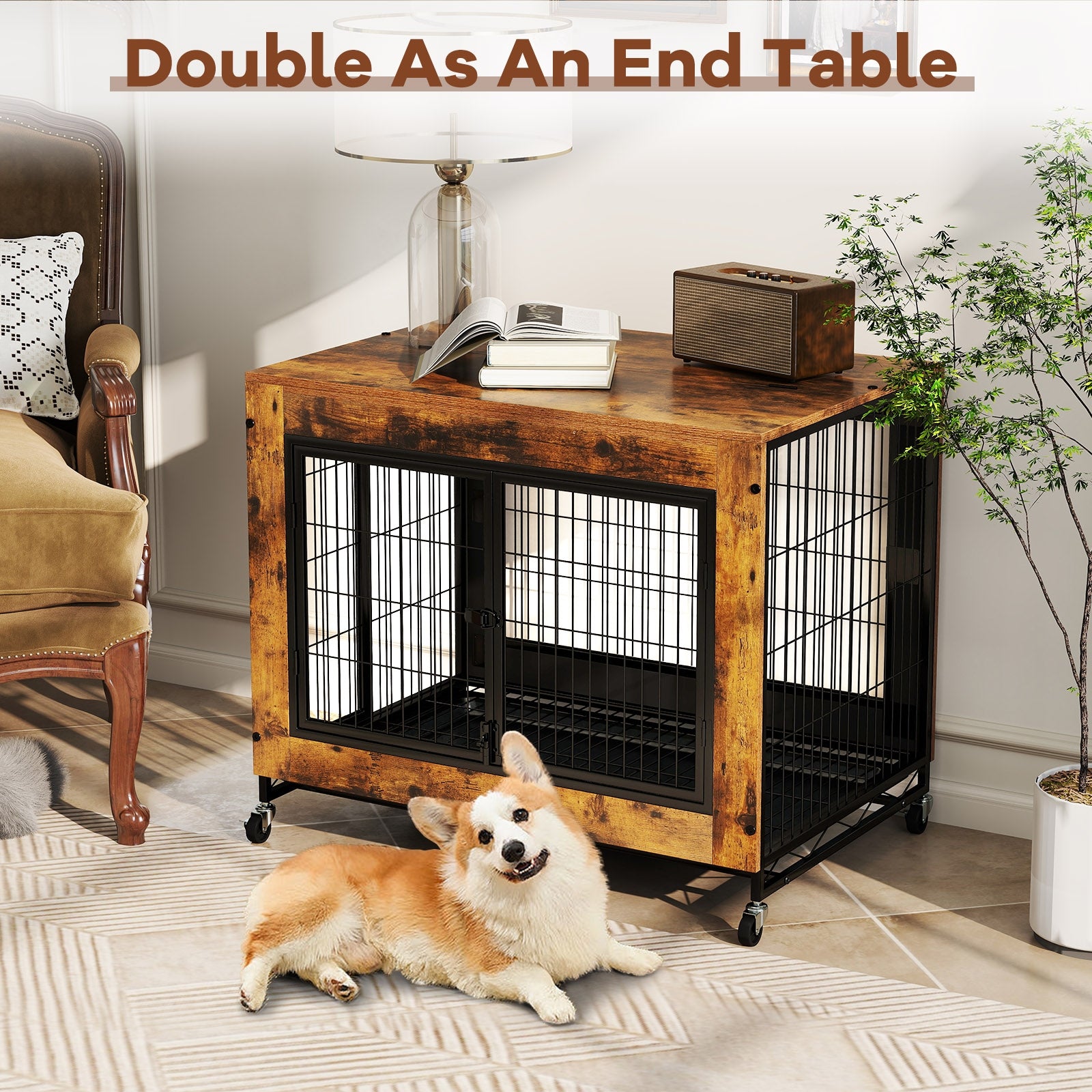 Industrial Dog Kennel with Flip-up Top 3 Lockable Doors and Removable Tray, Rustic Brown Dog Kennels at Gallery Canada
