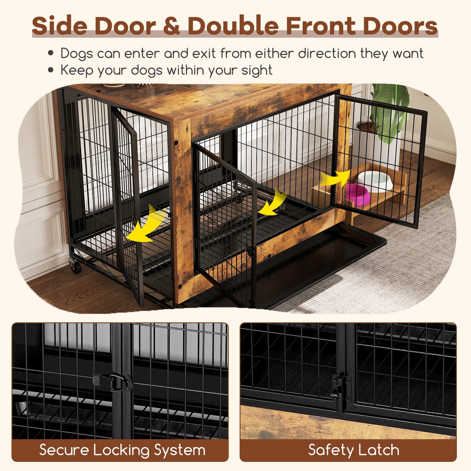 Industrial Dog Kennel with Flip-up Top 3 Lockable Doors and Removable Tray, Rustic Brown Dog Kennels at Gallery Canada