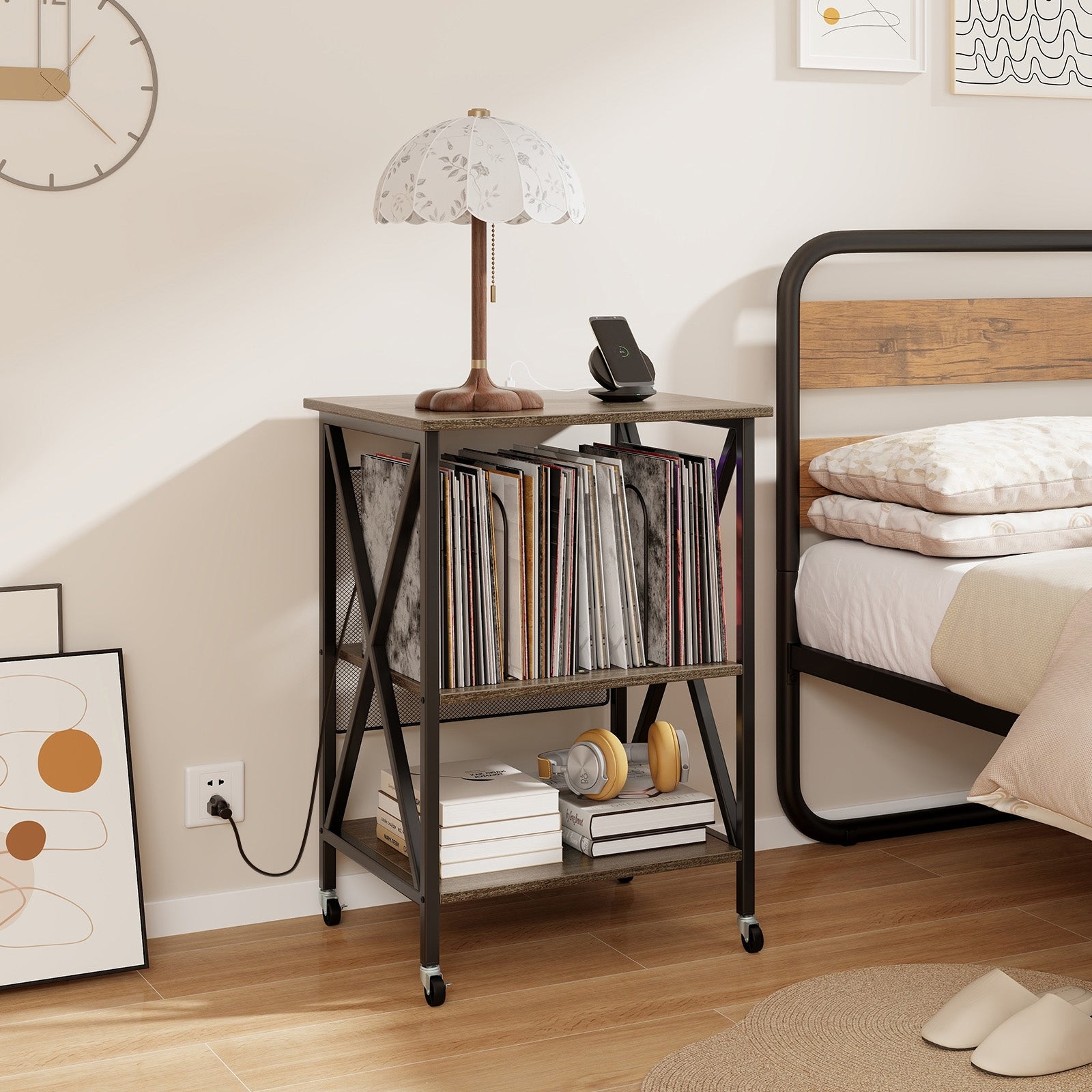 Mid-Century Record Player Stand with Built-in Charging Station, Gray End & Side Tables   at Gallery Canada