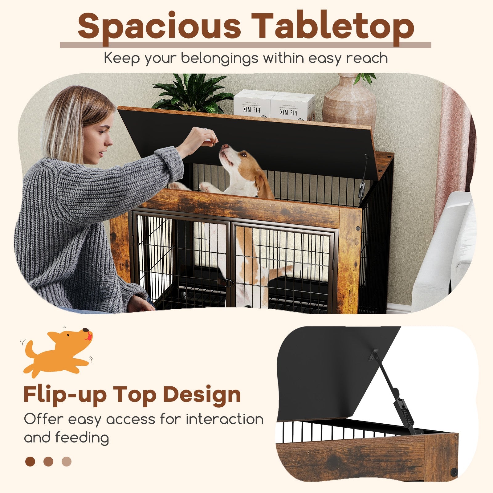 Industrial Dog Kennel with Flip-up Top 3 Lockable Doors and Removable Tray, Rustic Brown Dog Kennels at Gallery Canada