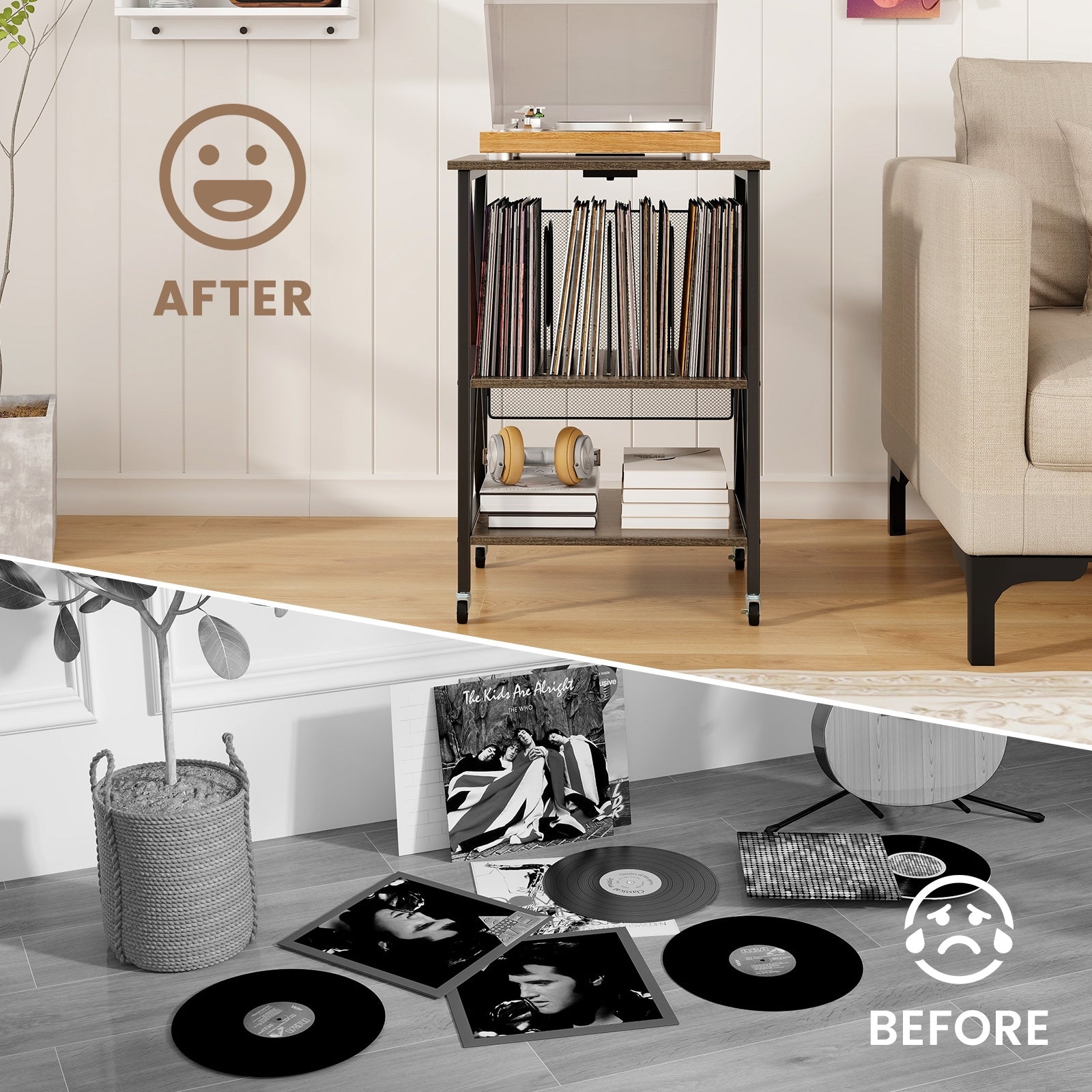 Mid-Century Record Player Stand with Built-in Charging Station, Gray End & Side Tables   at Gallery Canada