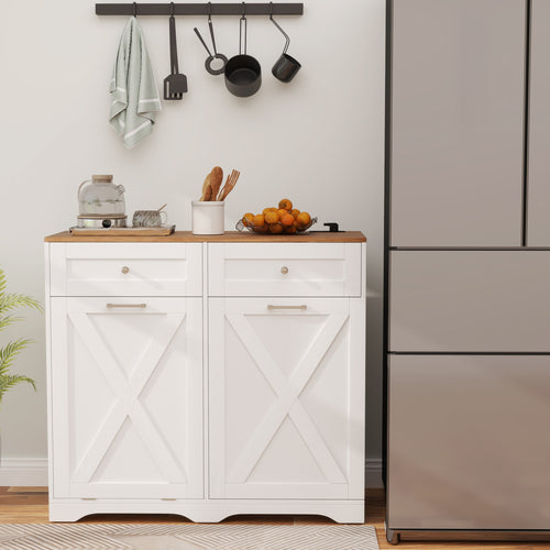 Tilt Out Trash Can Cabinet with Outlets and Adjustable Shelf, White