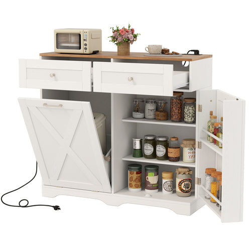 Tilt Out Trash Can Cabinet with Outlets and Adjustable Shelf, White