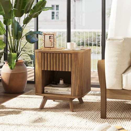 Mid-century Wood Nightstand with Drawer and Open Shelf, Walnut