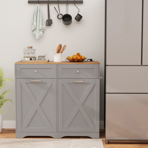 Tilt Out Trash Can Cabinet with Outlets and Adjustable Shelf, Gray